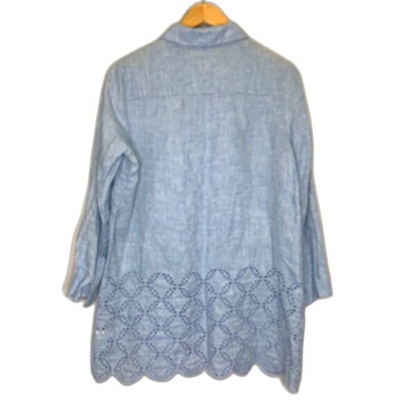 Womens Lands End Blue Linen Tunic Eyelet Capiz Shell Buttons Summer Beach Resort - Picture 2 of 12